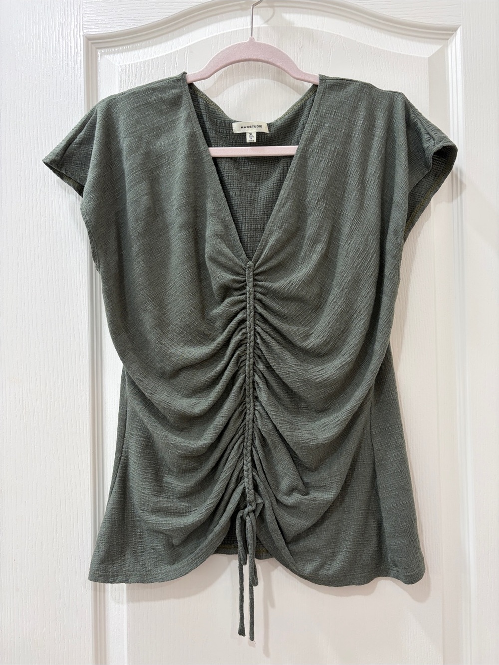 Max Studio grey Green Ruched V-Neck Short Sleeve Top sz XL